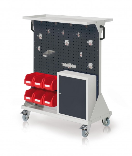 RasterMobil Gr. 3 RAL 7035/7016 H 1270 x B 1000 x T 500 mm. 1 x Auflageboden aus Stahlblech 1 x Werkzeughaltersort. 15-teilig 1 x Einhängeschrank 6 x Lagersichtkästen Größe 6.