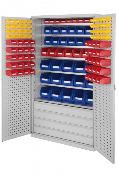 Großraumschrank Modell 25 RAL 7035 1950 x 1130 x 590 mm. Türinnenseite: ®RasterPlan Schlitz-/Lochplatten 4 Schubladen unten inklusiv Lagersichtkasten 15 x Größe 4 7 x Größe 5 14 x Größe 6 50 x Größe 7 32 x Größe 8.