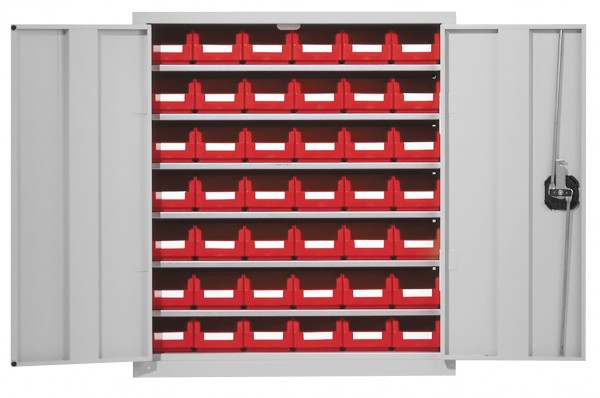 Ordnungsschrank mit Türen Modell 14 780 x 690 x 285 mm RAL 7035. Inklusiv Lagersichtkasten 42 x Größe 7.