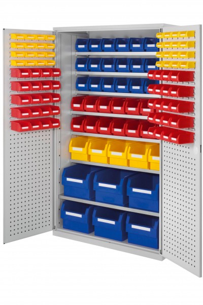 Großraumschrank Modell 15 RAL 7035 1950 x 1130 x 590 mm. Türinnenseite: ®RasterPlan Schlitz-/Lochplatten inklusiv Lagersichtkasten 6 x Größe 1 5 x Größe 3 14 x Größe 5 21 x Größe 6 40 x Größe 7 32 x Größe 8.