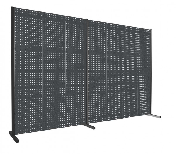 ®RasterPlan Trennwand Doppelfeld 180° L1500 / 2000 mm H2000 mm RAL 7016. Mit 7 ®RasterPlan Lochplatten.