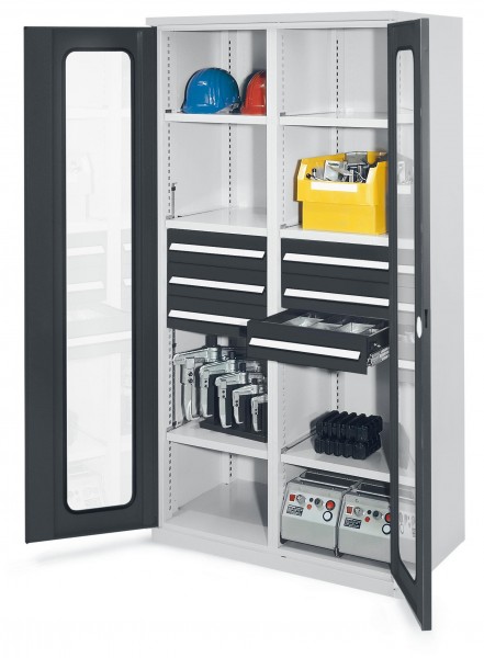 Schwerlastschrank mit Mitteltrennwand 1950 x 1000 x 600 mm Mod 53 RAL 7035/7016. Sichtfenstertür 6 Schubladen H 125 mm 3 Fachboden links verzinkt 3 Fachboden rechts verzinkt.