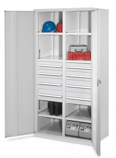 Schwerlastschrank mit Mitteltrennwand 1950 x 1000 x 600 mm Mod 54 RAL 7035. Vollblechtür 4 Schubladen H 100 mm 4 Schubladen H 175 mm 3 Fachboden links verzinkt 3 Fachboden rechts verzinkt.