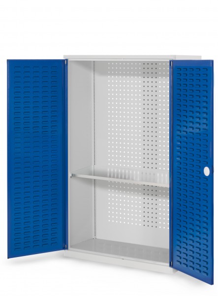 RasterPlan Werkzeugschrank Mod. 3 410, H1600 x B1000 x T410 mm, RAL 7035/5010. Türinnenseite: RasterPlan Schlitzplatten, 1 Fachboden.