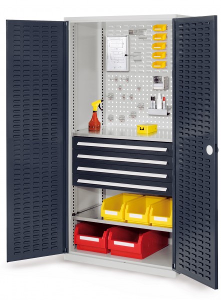 ®RasterPlan Schubladenschrank Modell 23 RAL 7035/7016. Türinnenseite: Schlitzplatten 1950 x 1000 x 600 mm mm 4 Schubladen H 100 mm mm 2 Fachböden verzinkt.