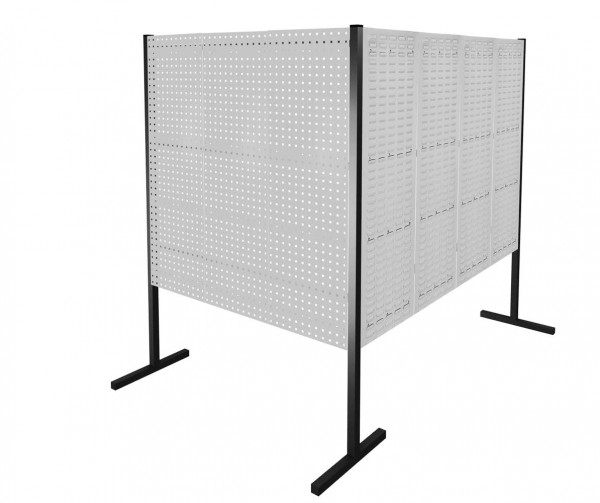 ®RasterPlan Trennwand Doppelfeld 90° 1500 / 2000 mm H1500 mm RAL 7035. Mit 4 ®RasterPlan Lochplatten 3 ®RasterPlan Schlitzplatten.
