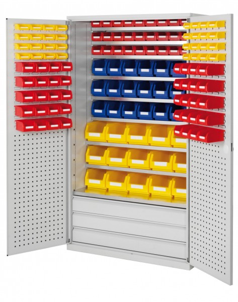 Großraumschrank Modell 20 RAL 7035 1950 x 1130 x 590 mm. Türinnenseite: ®RasterPlan Schlitz-/Lochplatten 3 Schubladen unten inklusiv Lagersichtkasten 15 x Größe 4 21 x Größe 6 70 x Größe 7 32 x Größe 8.