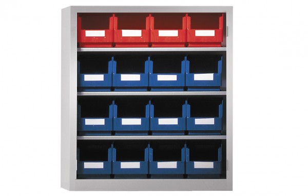 Ordnungsschrank ohne Türen Modell 12 780 x 690 x 285 mm RAL 7035. Inklusiv Lagersichtkasten 16 x Größe 6.