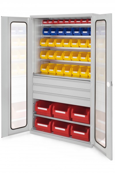 Großraumschrank Modell 34 RAL 7035 1950 x 1130 x 590 mm. Sichtfenstertüren 3 Schubladen mittig inklusiv Lagersichtkasten 6 x Größe 2 21 x Größe 5 7 x Größe 6 10 x Größe 7.