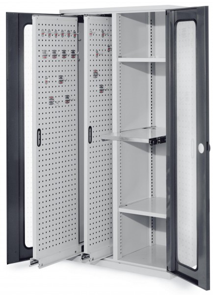 ®RasterPlan Vertikalschrank Modell 84 1950 x 1000 x 600 mm RAL 7035/7016. Sichtfenstertür. 2 Auszüge Lochplatten 2 Böden 1 Auszugsboden.