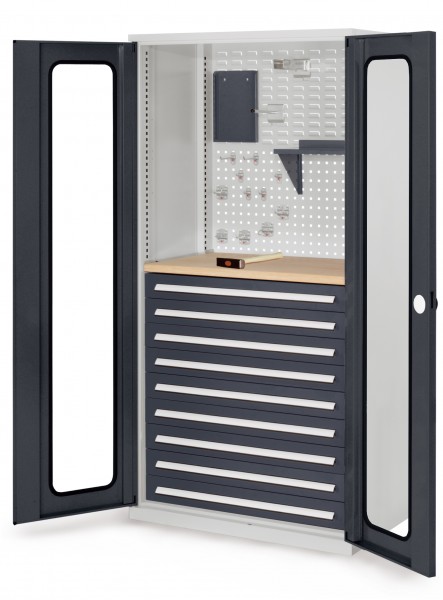 ®RasterPlan Schubladenschrank Modell 37 RAL 7035/7016. Sichtfenstertüren 1950 x 1000 x 600 mm mm 9 Schubladen H 100 mm 1 Werkbankplatte Multiplex.