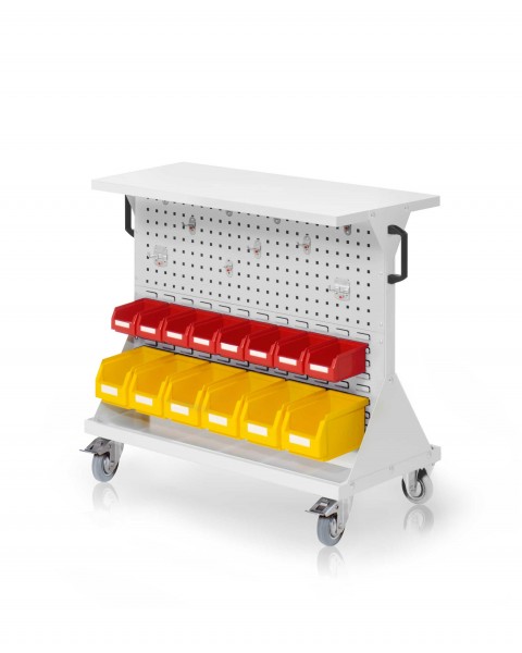 RasterMobil Gr. 2 RAL 7035 H 930 x B 1000 x T 500 mm. 1 x Ablageboden aus Stahlblech 1 x Werkzeughaltersort. 10-teilig 6 x Lagersichtkästen Größe 6 8 x Lagersichtkästen Größe 7.