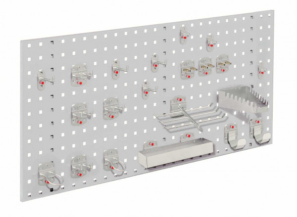 ®RasterPlan Einsteigerset 7 1 x ®RasterPlan Lochplatte RAL 7035 - Lichtgrau Breite 1000 mm x Höhe 450 mm 1 x ®RasterPlan Werkzeughalter-Sortiment 21-teilig