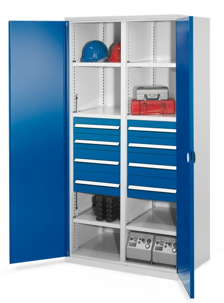 Schwerlastschrank mit Mitteltrennwand 1950 x 1000 x 600 mm Mod 54 RAL 7035/5010. Doppelwandtür 4 Schubladen H 100 mm 4 Schubladen H 175 mm 3 Fachboden links verzinkt 3 Fachboden rechts verzinkt.