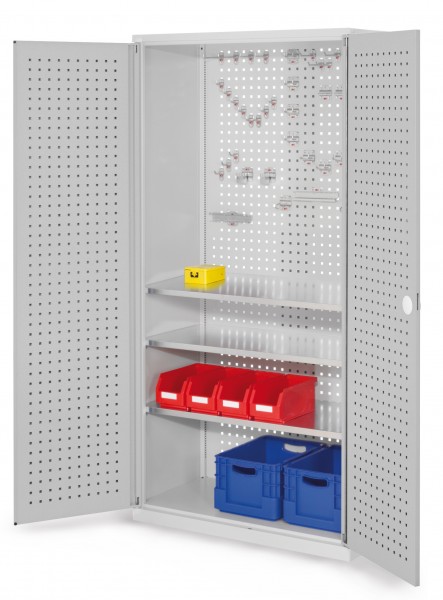 ®RasterPlan Werkzeugschrank Mod 6 500 H1950 x B1000 x T500 mm RAL 7035. Türinnenseite: ®RasterPlan Lochplatte 3 Fachböden.