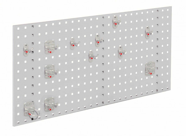 ®RasterPlan Einsteigerset 2 1 x ®RasterPlan Lochplatte RAL 7035 - Lichtgrau Breite 1000 mm x Höhe 450 mm 1 x ®RasterPlan Werkzeughalter-Sortiment 12-teilig
