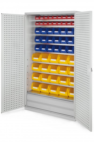Großraumschrank Modell 24 RAL 7035 1950 x 1130 x 590 mm. Türinnenseite: ®RasterPlan Lochplatten 2 Schubladen unten inklusiv Lagersichtkasten 20 x Größe 4 21 x Größe 6 20 x Größe 7.