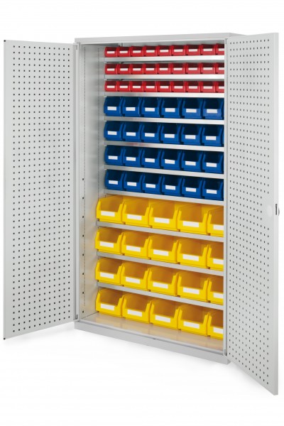Großraumschrank Modell 11 RAL 7035 1950 x 1130 x 590 mm. Türinnenseite: ®RasterPlan Lochplatten inklusiv Lagersichtkasten 20 x Größe 4 28 x Größe 6 30 x Größe 7.