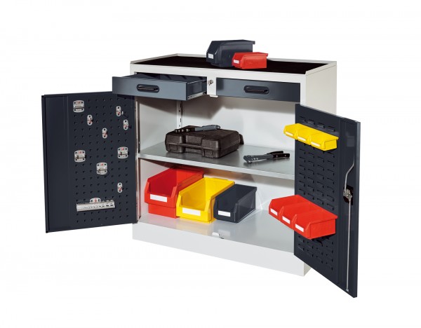 RasterPlan Arbeitsplatzschrank Modell 4, RAL 7035/7016. Je 1 Innentür RasterPlan Lochplatten, RasterPlan Schlitzplatten, 2 Schubladen, 1 Fachboden.