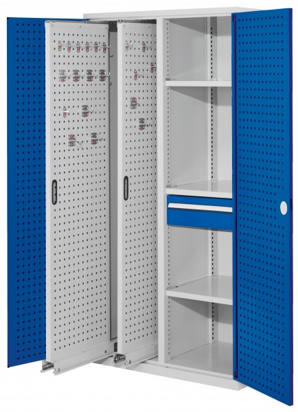 ®RasterPlan Vertikalschrank Modell 82 1950 x 1000 x 600 mm RAL 7035/5010. Türinnenseite: ®RasterPlan Lochplatten 2 Auszüge Lochplatten 3 Fachböden 1 Schubladen 175 mm.