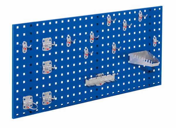 ®RasterPlan Einsteigerset 1 1 x ®RasterPlan Lochplatte RAL 5010 - Enzianblau Breite 1000 mm x Höhe 450 mm 1 x ®RasterPlan Werkzeughalter-Sortiment 15-teilig