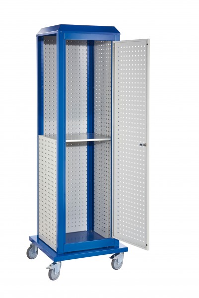®RasterPlan ToolTower groß Mod 3 mobil RAL 7035/5010. 2 LP außen groß 2 LP innen groß 1 LP außen klein 1 LP Tür 1 Fachboden.
