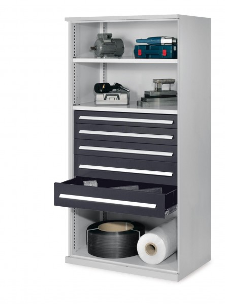 Schwerlastregal Mod. 44 OMT 1950 x 1000 x 600 mm RAL 7035/7016. 2 Fachböden verzinkt 1 Schublade H 100 mm RAL 7016 2 Schubladen H 125 mm RAL 7016,2 Schubladen H 175 mm RAL 7016.