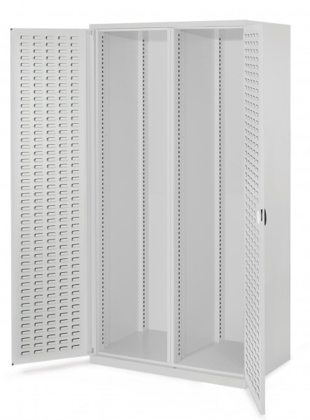 Schwerlastschrank Leergehäuse/ Mod 50 1950 x 1000 x 600 mm RAL 7035. Mit Mitteltrennwand Türinnenseite: ®RasterPlan Schlitzplatte