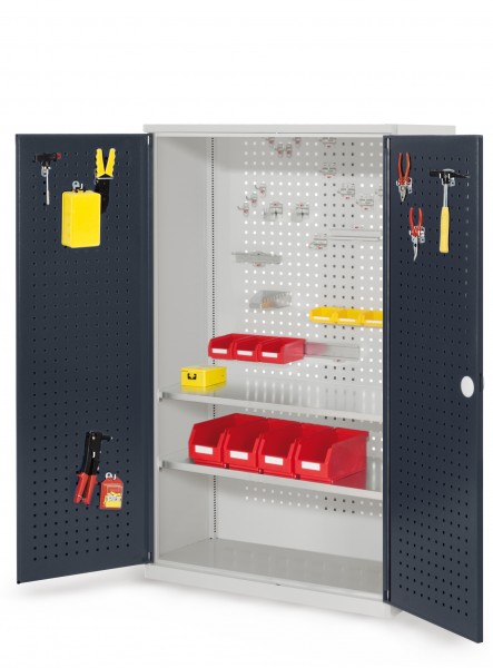 RasterPlan Werkzeugschrank Mod 4 500, H1600 x B1000 x T500 mm, RAL 7035/7016. Türinnenseite: RasterPlan Lochplatte, 2 Fachböden.