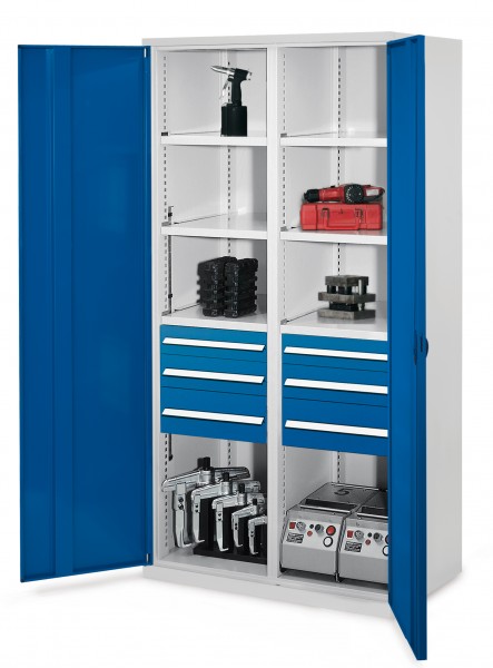 Schwerlastschrank mit Mitteltrennwand 1950 x 1000 x 600 mm Mod 55 RAL 7035/5010. Vollblechtüren 2 Schubladen H 100 mm 2 Schubladen H 125 mm 2 Schubladen H 175 mm 3 Fachböden links verzinkt 3 Fachböden rechts verzinkt.