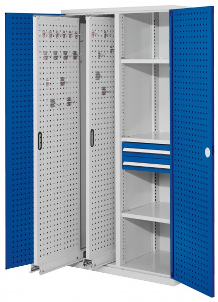 ®RasterPlan Vertikalschrank Modell 81 1950 x 1000 x 600 mm RAL 7035/5010. Türinnenseite: ®RasterPlan Lochplatten 2 Auszüge Lochplatten 3 Fachböden 2 Schubladen 100 mm.