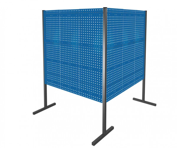 ®RasterPlan Trennwand Doppelfeld 90° L1500 / 1500 mm H1500 mm RAL 5010. Mit 6 ®RasterPlan Lochplatten.