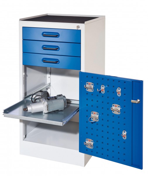 RasterPlan Arbeitsplatzschrank Modell 2S, H 1000 x B 500 x T 500 mm Türinnenseite: RasterPlan Lochplatten, RAL 7035/5010, 3 Schubladen, 1 ausziehbarer Fachboden.
