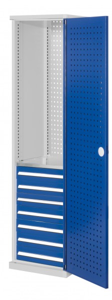 ®RasterPlan Schubladenschrank schmal Mod 5 1950 x 600 x 600 mm 7035/5010 Lochplattentür. 1 Fachboden verzinkt 7 Schubladen 125 mm.