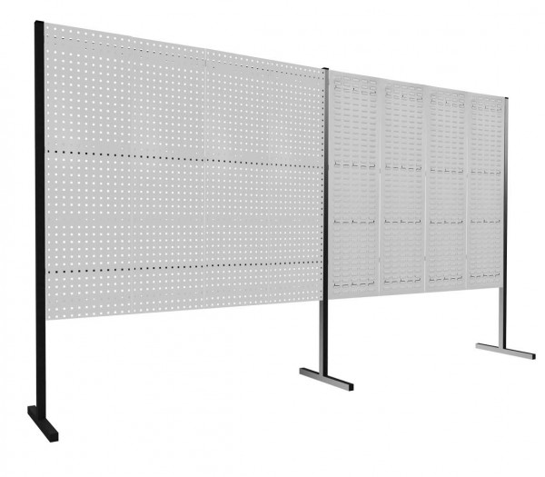 ®RasterPlan Trennwand Doppelfeld 180° 2000 / 2000 mm H1500 mm RAL 7035. Mit 4 ®RasterPlan Lochplatten 4 ®RasterPlan Schlitzplatten.