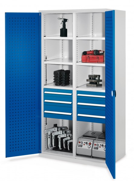 Schwerlastschrank mit Mitteltrennwand 1950 x 1000 x 600 mm Mod 55 RAL 7035/5010. Türinnenseite: ®RasterPlan Lochplatte 2 Schubladen H 100 mm 2 Schubladen H 125 mm 2 Schubladen H 175 mm 3 Fachböden links verzinkt 3 Fachböden rechts verzinkt.