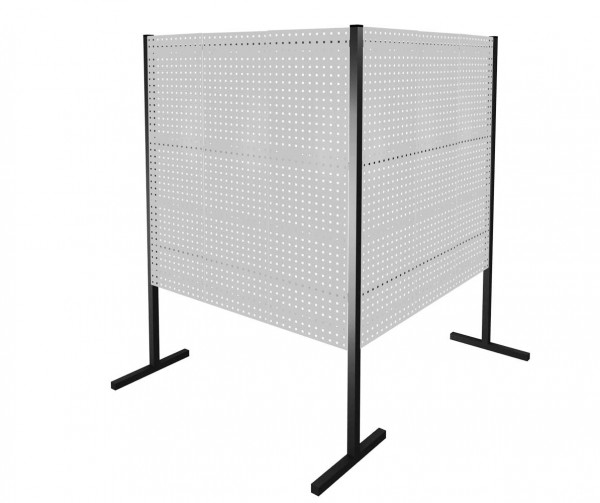 ®RasterPlan Trennwand Doppelfeld 90° L1500 / 1500 mm H1500 mm RAL 7035. Mit 6 ®RasterPlan Lochplatten.