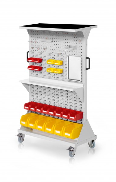 RasterMobil Gr. 4 RAL 7035, H1620 x B1000 x T500 mm. 1 x Auflageboden aus Stahlblech inkl. Riffelgummimatte, 1 x Werkzeughaltersort. 18-teilig, 1 x Stahlboden 950 mm, 1 x Formularhalter A4, 6 x Lagersichtkästen Größe 6, 8 x Lagersichtkästen Größe 7, 4 x L