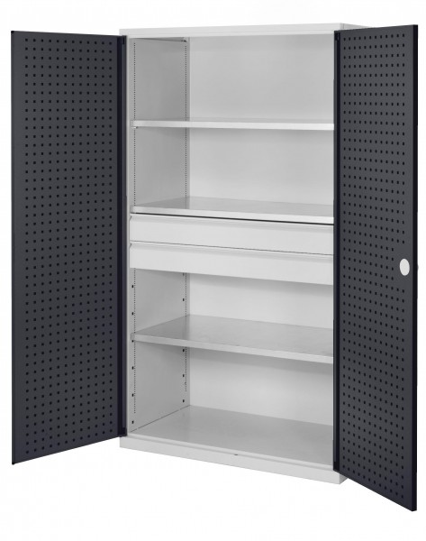 ®RasterPlan Großvolumenschrank 1950 x 1130 x 590 mm RAL 7035/7016. Türinnenseite: ®RasterPlan Lochplatte 2 Schublade 3 Böden.