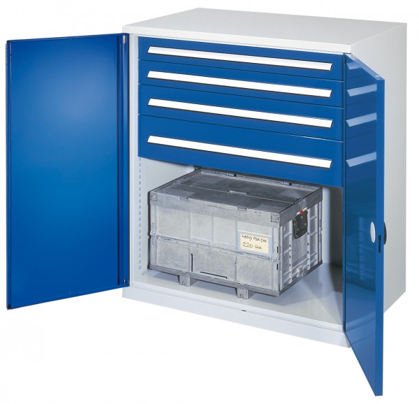 Schwerlast-Beistellschrank Modell 62 1110 x 1000 x 600 mm RAL 7035/5010. Doppelwandtür 2 Schubladen H 100 mm 1 Schubladen H 125 mm 1 Schubladen H175 mm.