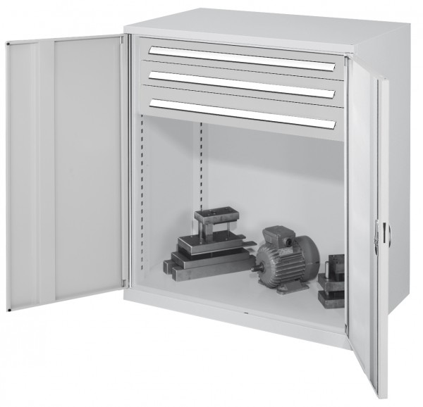 Schwerlast-Beistellschrank Modell 65 1110 x 1000 x 600 mm RAL 7035. Vollblechtüren 3 Schubladen H 100 mm.