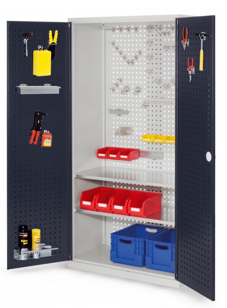 ®RasterPlan Werkzeugschrank Mod 5 500 H1950 x B1000 x T500 mm RAL 7035/7016. Türinnenseite: ®RasterPlan Lochplatte 2 Fachböden.