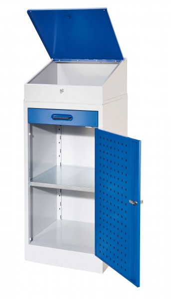 RasterPlan Arbeitsplatzschrank 1 Plus, Innentür RasterPlan Lochplatte. RAL 7035/5010, mit Pultaufsatz, 1 Boden