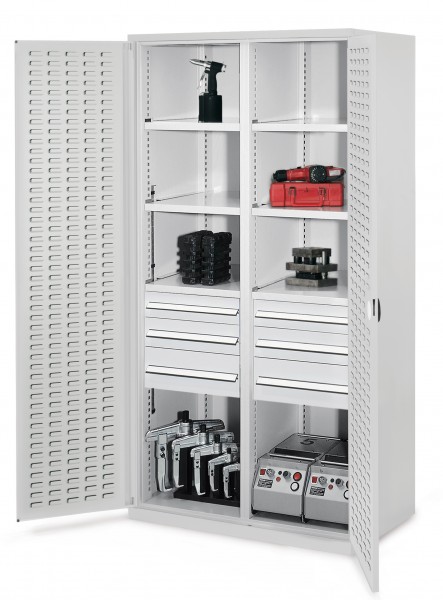 Schwerlastschrank mit Mitteltrennwand 1950 x 1000 x 600 mm Mod 55 RAL 7035. Türinnenseite: ®RasterPlan Schlitzplatte 2 Schubladen H 100 mm 2 Schubladen H 125 mm 2 Schubladen H 175 mm 3 Fachböden links verzinkt 3 Fachböden rechts verzinkt.