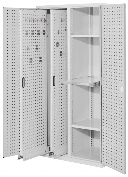 ®RasterPlan Vertikalschrank Modell 84 1950 x 1000 x 600 mm RAL 7035. Türinnenseite: ®RasterPlan Lochplatten 2 Auszüge Lochplatten 2 Böden 1 Auszugsboden.