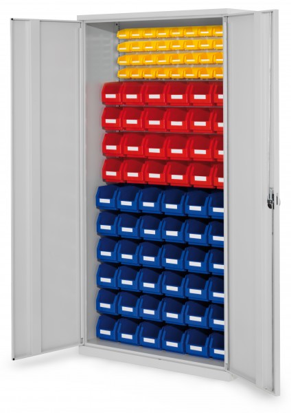 ®RasterPlan Schlitzplattenschrank H1950 x B 1000 x T 410 mm RAL 7035 Modell57 Vollblechtüren bestückt mit Lagersichtkasten 36 x Größe 5 24 x Größe 6 32 x Größe 8.
