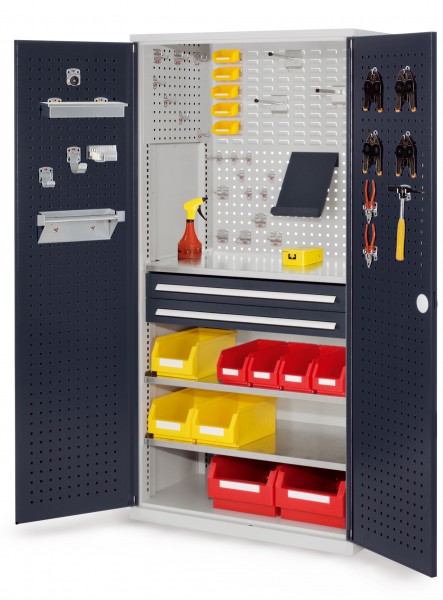 ®RasterPlan Schubladenschrank Modell 11 RAL 7035 /7016. Türinnenseite: Lochplatten 1950 x 1000 x 600 mm, 2 Schubladen H 100 mm 3 Fachböden verzinkt.