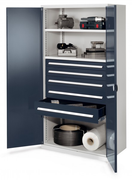 Schwerlastschrank ohne Mitteltrennwand 1950 x 1000 x 600 mm Mod 44 RAL 7035/7016. Doppelwandtüren 2 Fachböden verzinkt 1 Schublade H100 mm 2 Schubladen H125 mm 2 Schubladen H175 mm .