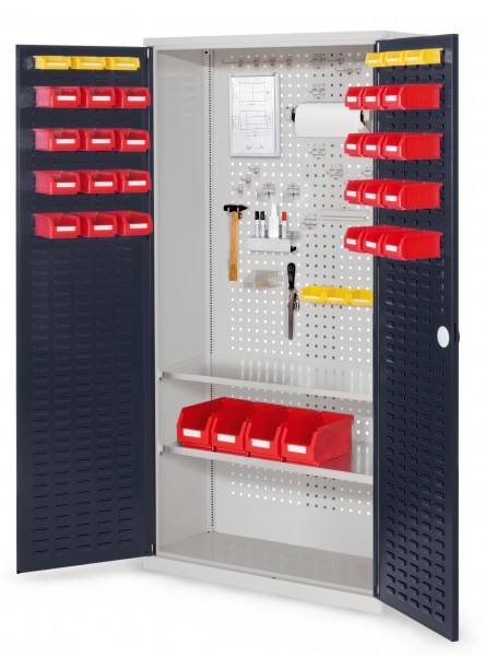 ®RasterPlan Werkzeugschrank Mod 5 410 H1950 x B1000 x T410 mm RAL 7035/7016. Türinnenseite: ®RasterPlan Schlitzplatte 2 Fachböden.