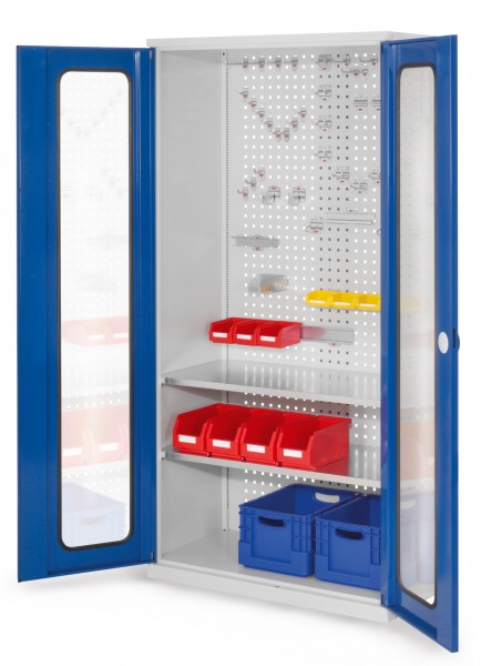 ®RasterPlan Werkzeugschrank Mod 5 500 H1950 x B1000 x T500 mm RAL 7035/5010. Sichtfenstertüren 2 Fachböden.